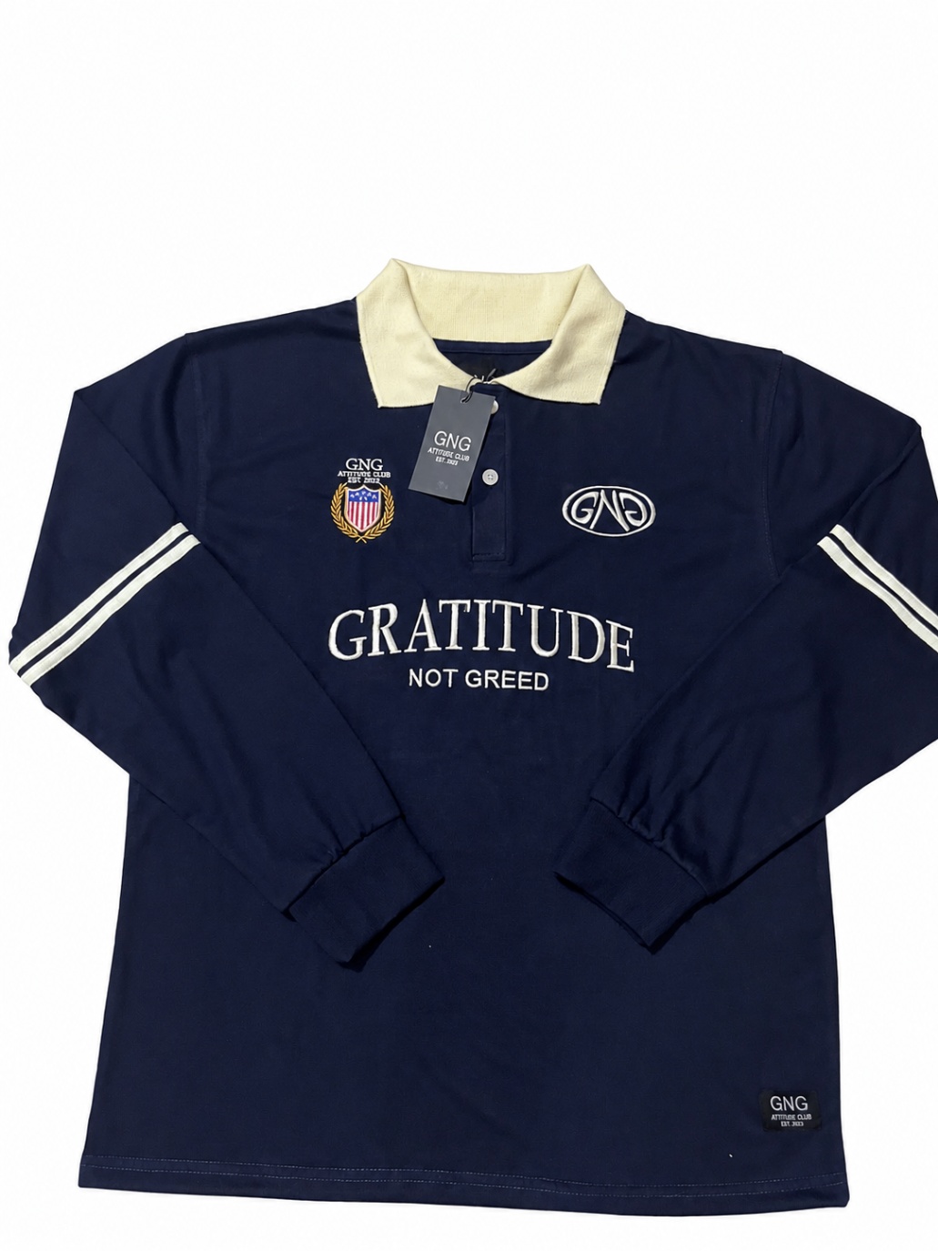 GNG Rugby Long-Sleeve Polo — navy — front — embroidered Gratitude Not Greed detailing